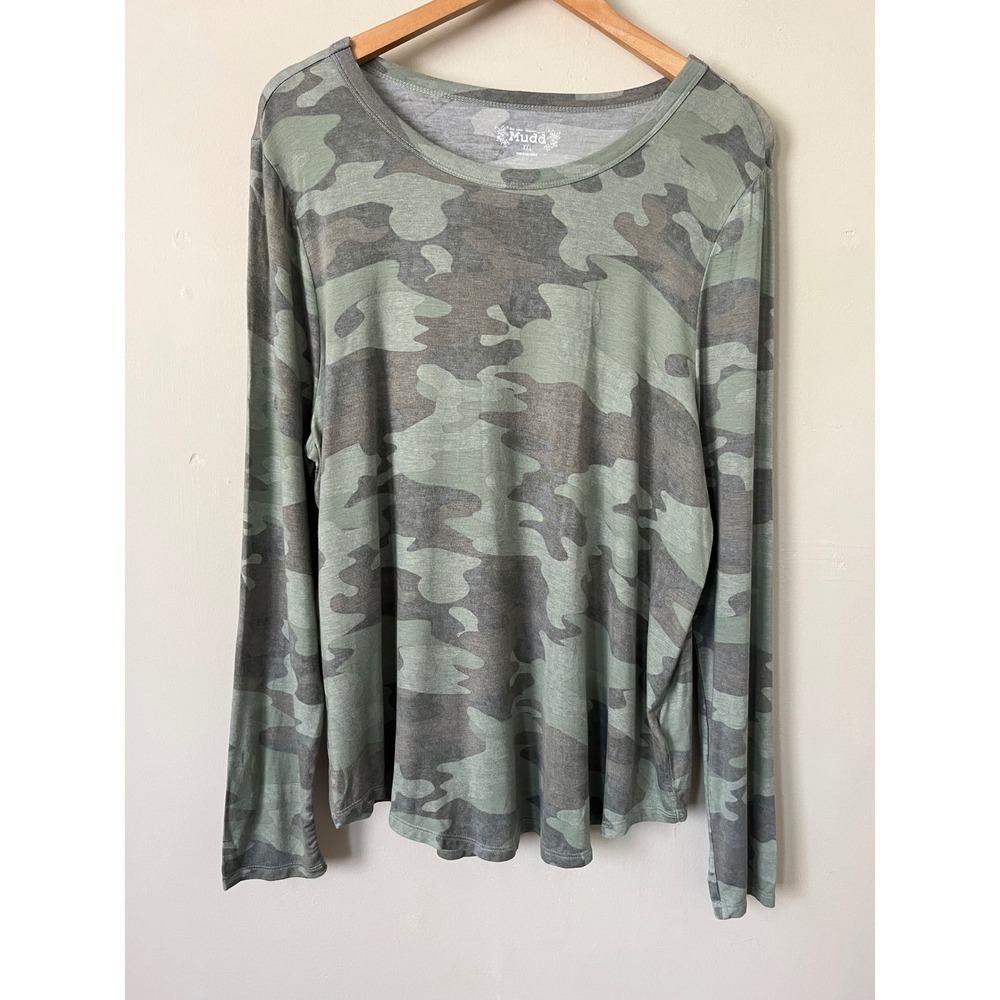 Mudd Womens XXL Camo Long Sleeve Top Green Camouflage Rayon Spandex Shirt